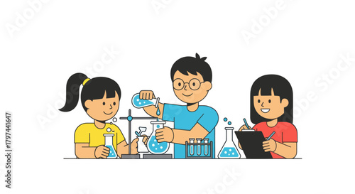 Children conducting science experiments with beakers and flasks in a laboratory setting.