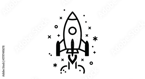 Stylized Black and White Icon of a Rocket Launching into Space.