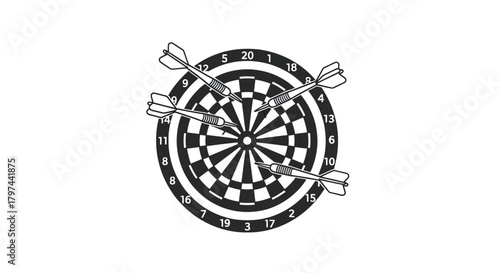 Black and white dartboard with four darts line art illustration.