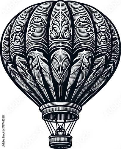 Detailed black and white illustration of an antique hot air balloon featuring intricate engraved patterns. Evokes a sense of vintage travel and adventure.