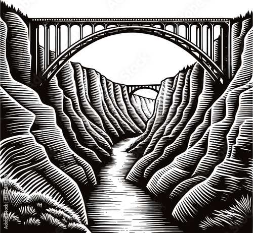 A monochrome woodcut style illustration depicts a grand arch bridge crossing a deep, rocky canyon. A river flows through the bottom of the chasm, with steep, textured walls rising on either side.