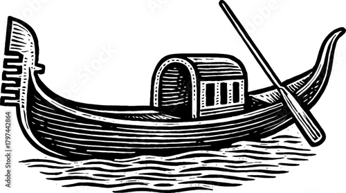 A detailed black and white engraving of a gondola boat with an oar, floating on rippling water. The image has a vintage and traditional feel, suitable for travel and cultural themes.