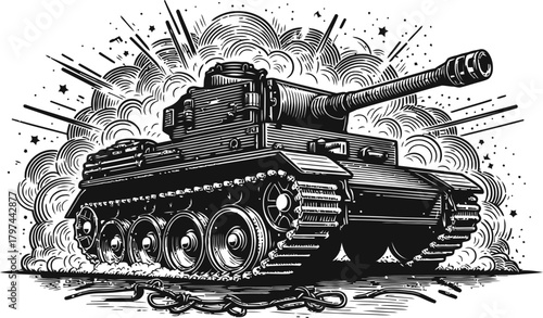 A black and white illustrative depiction of a military vehicle caught in a powerful explosion. Smoke and debris fill the background, creating a dramatic and intense scene of conflict and destruction.