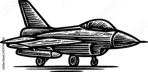 Black And White Illustration Of A Fighter Jet Aircraft On A White Background
