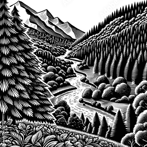 Black and White Woodcut Style Mountain Valley Forest River Scene