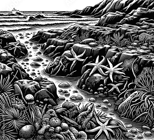 Black And White Tide Pools With Starfish On Rocky Shoreline Under Bright Sky