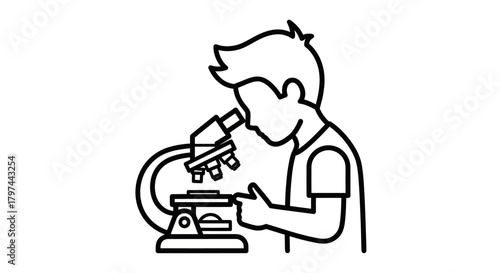 Young person looking through a microscope in a scientific illustration.