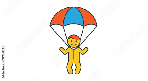 Cartoon Skydiver with Orange and Blue Parachute in Flight.
