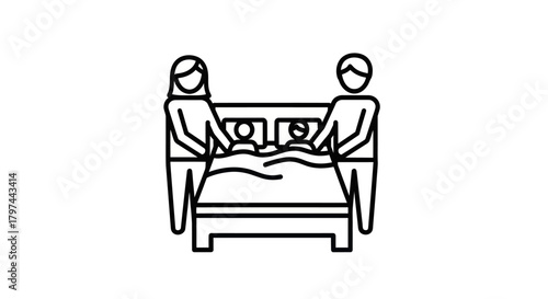 Parents tucking their two children into bed a family bedtime routine line icon.