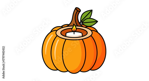 Vibrant Orange Pumpkin Candle Holder with Lit White Candle and Green Leaves Illustration.