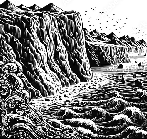 A stark black and white illustration depicts a dynamic seascape. Crashing waves with detailed patterns surge towards rocky cliffs. Birds fly in the sky above the textured ocean horizon.