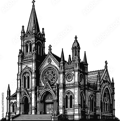 An elaborate gothic church facade featuring tall spires and intricate stone carvings. This black and white illustration depicts a grand religious structure with detailed architectural elements.