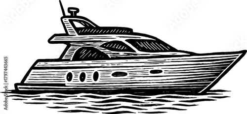 A black and white sketch illustration of a luxury yacht sailing on rippling water. The vessel features multiple decks and windows.