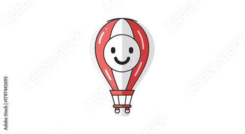 Cartoon Hot Air Balloon with Smiling Face Red and White Stripes.