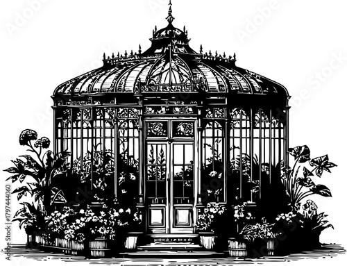 Ornate Victorian Greenhouse Filled With Lush Green Plants And Flowers