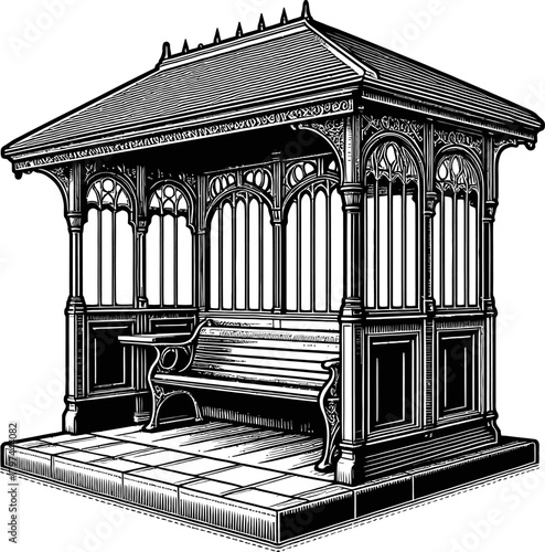 Ornate Victorian Gazebo With Seating And Detailed Architectural Elements On Stone Base