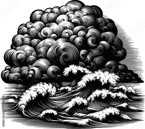 Stylized Black And White Illustration Of Turbulent Sea Waves And Overcast Sky