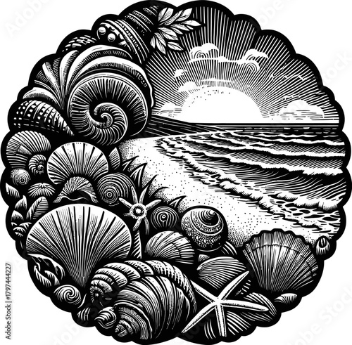 A black and white illustration of various seashells forming a circular border around a serene ocean beach scene with gentle waves and a cloudy sky. Includes starfish and spiral shells.