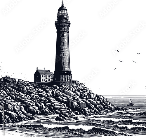 A tall, dark stone lighthouse stands on a rugged, rocky coastline under a bright sky. Several small birds are depicted in flight. The scene is rendered in a monochrome sketch style.