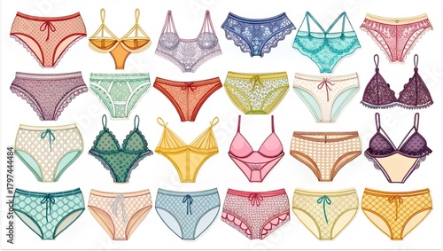 A collection of stylish illustrations of women's underwear, including bras, bustiers, tops, and panties in a variety of styles and colors.