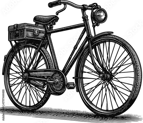 A detailed line drawing of a vintage bicycle. The bicycle is black and white and features a basket on the rear rack and a headlight on the front. It is shown from a three-quarter front view.