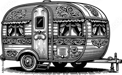 Vintage Caravan Detailed Illustration Black And White On White Background