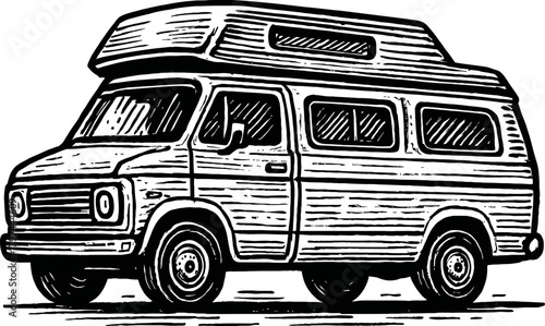 Vintage Camper Van With Pop Top Roof parked outdoors black and white line drawing illustration