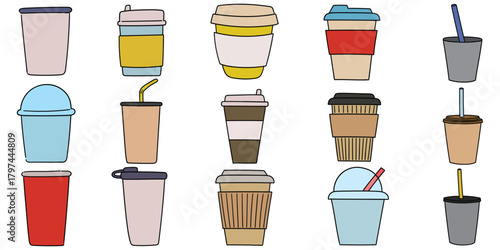 Hand-drawn cartoon set of disposable cups on a white background.