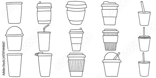 Hand-drawn doodle set of disposable cups on a white background.