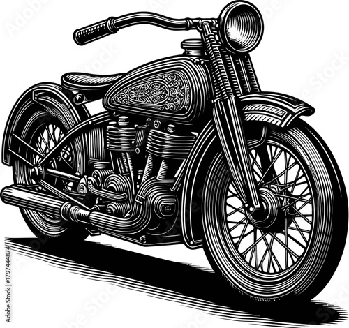 Vintage Motorcycle Black and White Illustration With Detailed Spoked Wheels