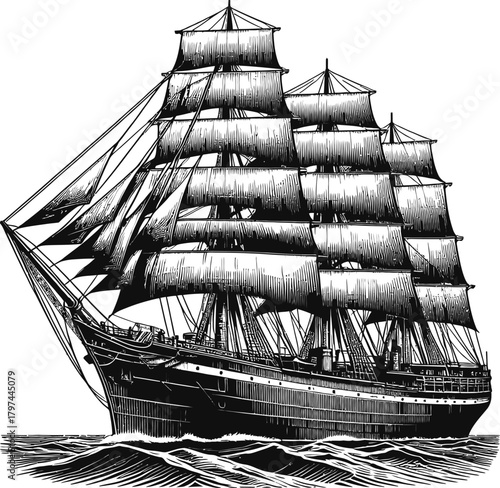A detailed black and white illustration of a vintage sailing ship with all sails extended, navigating through ocean waves. The artwork captures the essence of historical maritime travel and adventure.