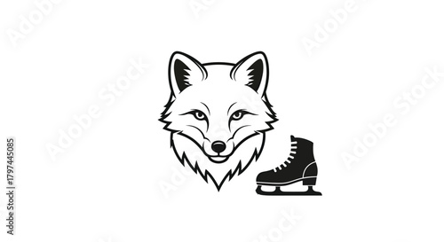 Fox head with ice skate monochrome graphic vector illustration