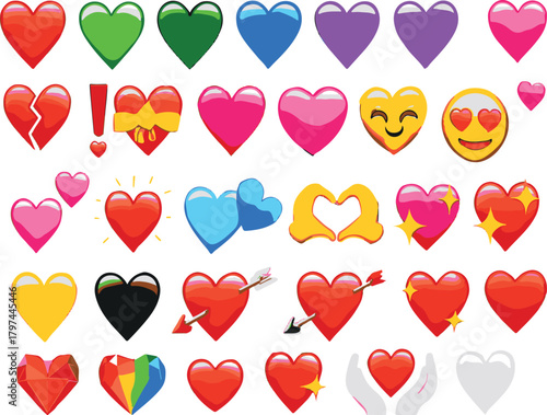 Colorful hearts vector set with love and romance icons