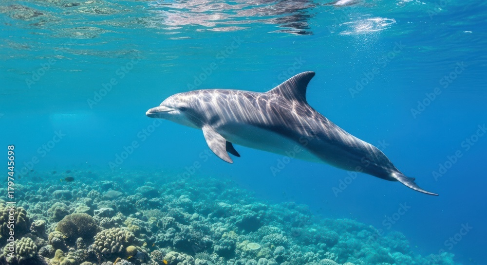 Fototapeta premium A dolphin swimming in clear blue water with a colorful coral reef in the background.