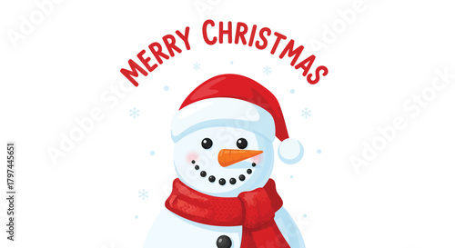 A cheerful cartoon snowman wearing a red santa hat and scarf wishes everyone a merry christmas with falling snowflakes