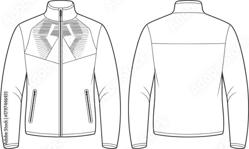 Modern sports jacket technical flat sketch, front and back view detailed CAD drawing, vector fashion design template, apparel illustration for production