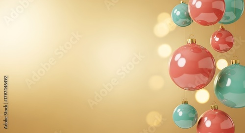 Bright Christmas baubles hanging on a gradient golden background copy space