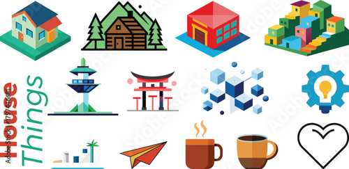 Collection of isometric icons representing houses and various objects