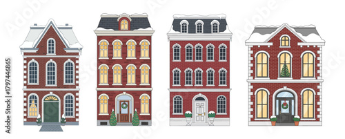 Snowy brick townhouses in flat illustration isolated vector on white background