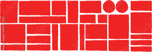 Universal geometric shapes in grunge and halftone style, circles, rectangles, squares, with the effect of splashes, torn sides Abstract red geometric pattern with rectangles and ovals vibrant abstract