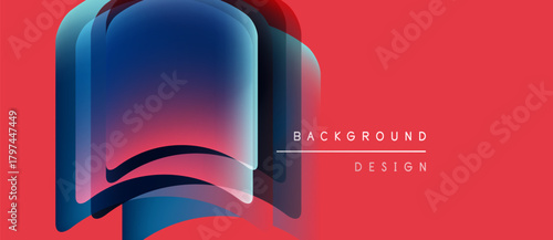 Abstract geometric shapes overlap, creating vibrant color gradients. Red background complements blue, purple hues. Minimalist text present.
