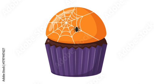 Halloween Cupcake with Orange Spiderweb Frosting and Purple Liner.