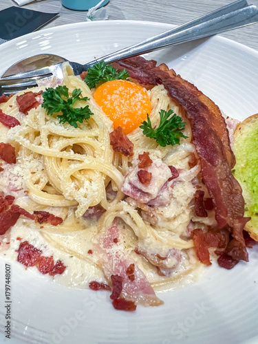 Delicious Spaghetti Carbonara with Bacon and Egg Yolk
