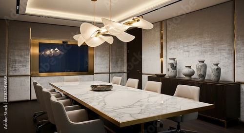 Modern executive conference room with marble table and luxurious lighting creates an elegant space for high-powered meetings and corporate collaboration