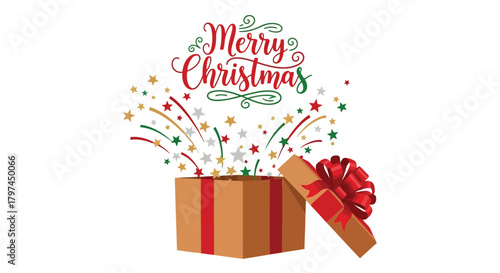 Merry christmas greeting with an open gift box overflowing with colorful stars and festive streamers