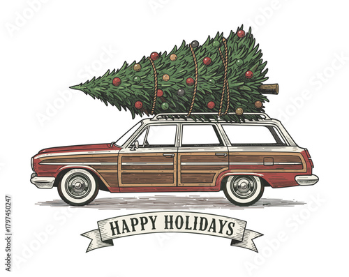 Vintage woody station wagon with Christmas tree against white background