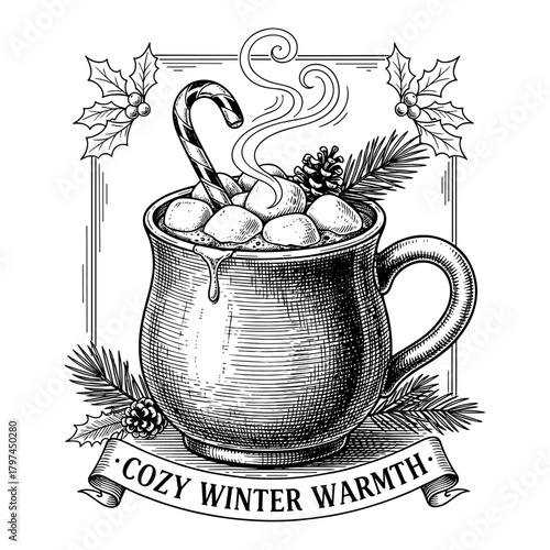 Hot Chocolate Mug in Vintage Engraving in Black and White