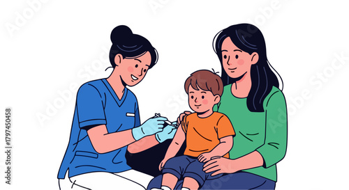 A nurse administering a vaccine to a young child, held by his mother.