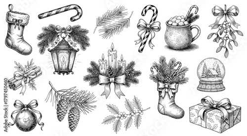 Christmas Objects Set in Vintage Engraving in Black and White