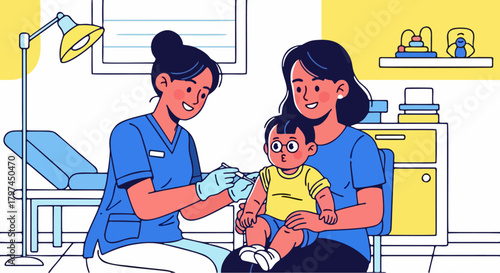 A healthcare professional administering a vaccination to a young child held by their mother in a medical setting.